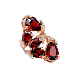 欧美奢华食指大红宝石戒指女 复古夸张锆石水钻花朵装饰戒指夜店