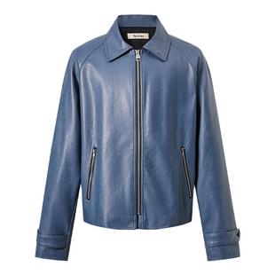 Pointless 24SS 原创设计简约拉链口袋脏蓝做旧皮衣夹克机车外套