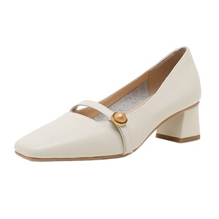 真皮单鞋女旗袍春秋粗跟法式玛丽珍中跟温柔方头复古浅口软高跟鞋