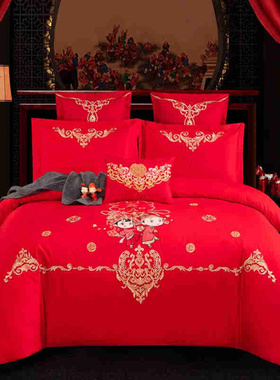 云上舒婚庆四件组纯棉结婚床上用品全棉N大红色床单被罩秋冬加