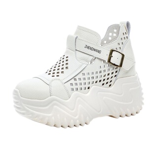 震地王复古真皮镂空厚底休闲高跟凉鞋洞洞透气网鞋女夏内增高10cm