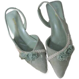 vintage甜瑶家《绿芜》原创复古绿意真皮小众仙女高跟鞋凉鞋尖头