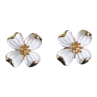 调太幅18K金小雏菊耳钉 女纯银法式四叶草白花耳饰小清新复古气质