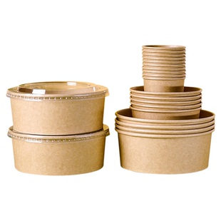 牛皮纸碗一次性野餐盒沙拉碗带盖外卖打包盒露营水果盒圆形纸碗