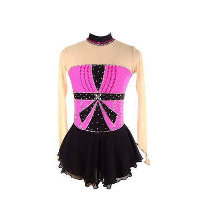 福诺定制儿童成人花样滑冰服女童表演比赛考级裙玫红黑拼接
