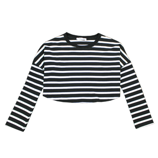 春夏秋高腰小心机chic条纹t恤女长袖宽松性感高腰露肚脐短装上衣
