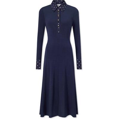 LK BENNETT深蓝色连衣裙春新款复古波点拼接POLO领修身长袖