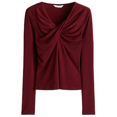 HM女装T恤冬季新款打底修身长袖气质礼服扭结垂感红色上衣1283566