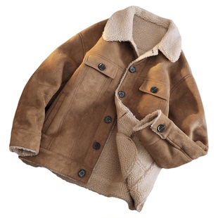 皮毛一体男士冬季大码加绒加厚夹克翻领麂皮机车服男装羊羔毛外套