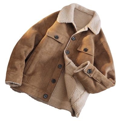 皮毛一体男加绒加厚麂皮外套翻领