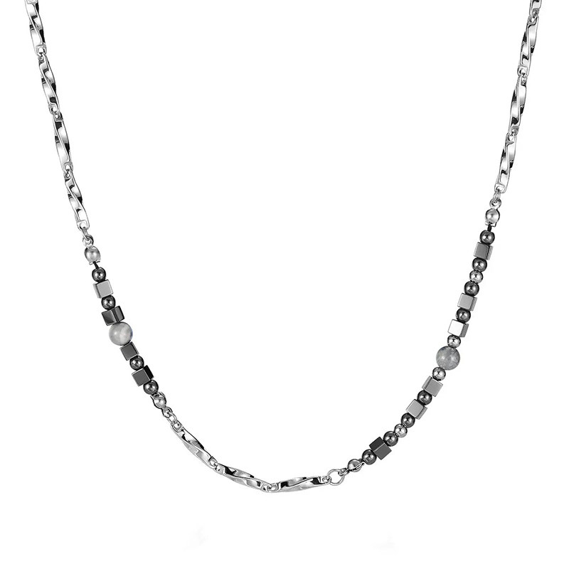 GuangYu方块黑胆石串珠项链男冷淡风不对称设计莫比乌斯钛钢配饰