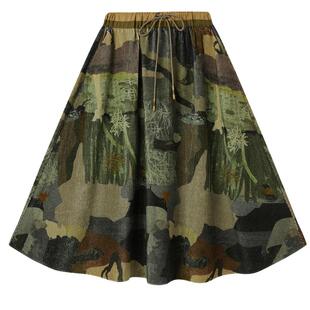 谜底印花半裙2025冬新品复古拼接撞色抽绳腰头中长裙女254MB1675