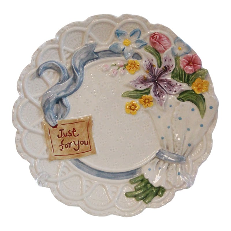 铛哩铛vintage|复古手工釉下彩蓝丝带波点花束盘子甜品盘平盘礼物