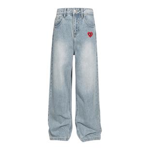 查尔斯桃心 美式弯刀牛仔裤子男女夏季宽松阔腿2025新款蓝色长裤