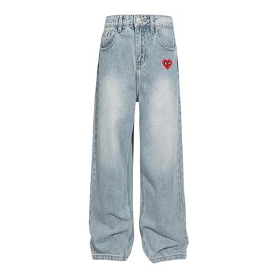 查尔斯桃心 美式弯刀牛仔裤子男女夏季宽松阔腿2025新款蓝色长裤