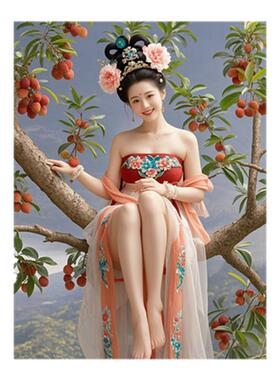 网红美人贴画中国风荔枝树古风美女海报自贴家用墙上宿舍卧室装饰