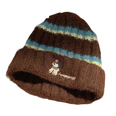 可爱条纹小狗宽松针织毛线帽