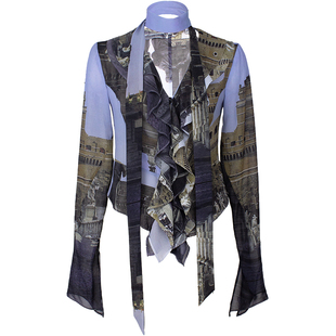 TMS STUDIO 浪漫透视印花衬衫 性感荷叶领复古长袖上衣