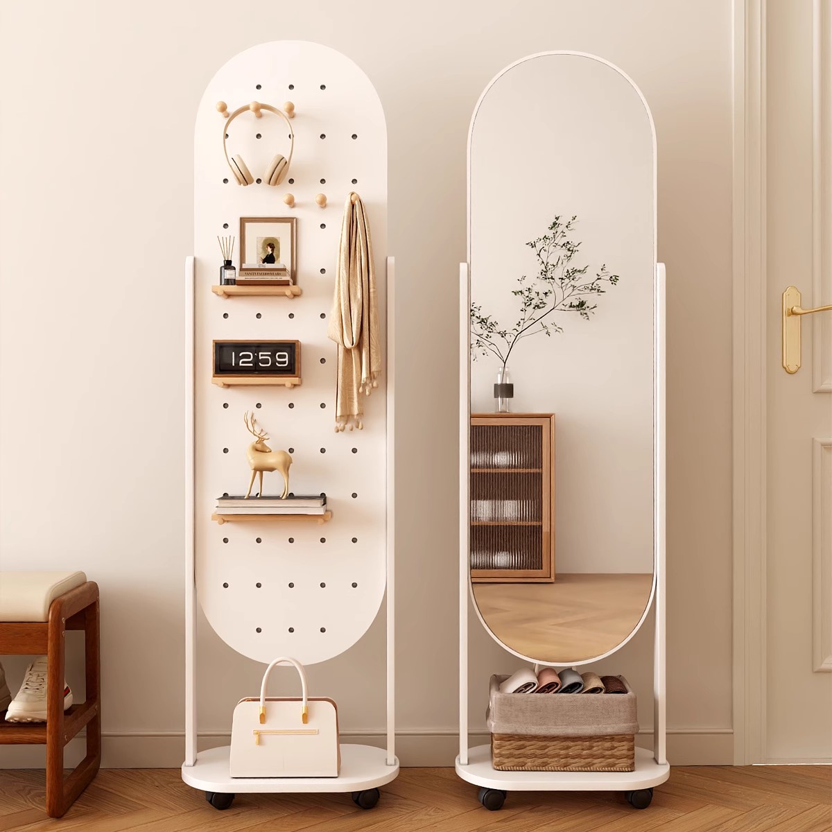 洞洞板穿衣镜可移动落地镜旋转全身镜衣挂架一体家用置物试衣镜子