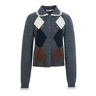 lefame拉飞姆2026早春新款时尚复古学院手工提花菱形格纹针织外套