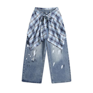 特大码女装梨型身材显瘦牛仔裤女新款胖mm复古街头风学生直筒裤子