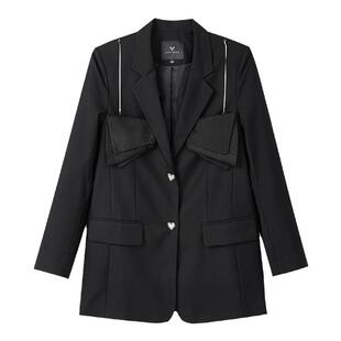 佧茜文时髦设计感上衣潮流秋季新款立体拼接泡泡纱蝴蝶结西装外套