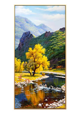 美式别墅山水风景手绘玄关油画