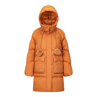 艾莱依中长款羽绒服女休闲年冬季新款时尚毛球气质宽松连帽外套