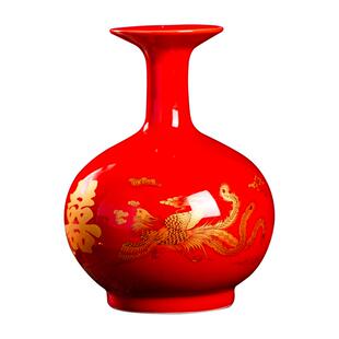 大红色花瓶陶瓷婚庆结婚摆件插花中式喜字婚房装饰中国红天花一对
