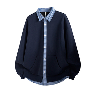 韩系复古潮牌ins高级感衬衫领拼条纹假两件卫衣设计男女款潮流帅