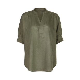 Bettychow 气质款 亚麻短袖衬衫橄榄绿灰蓝色精致老钱风度假上衣