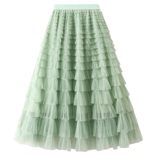 2210 细孔垂坠多层蛋糕裙半身裙秋冬女长裙温柔风高腰显瘦a字纱裙