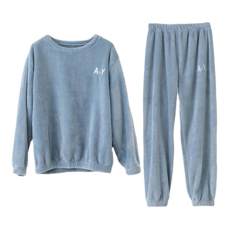 简约秋冬季圆领暖暖套装珊瑚绒睡衣女加绒加厚法兰绒家居服可外穿