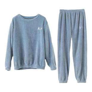 简约秋冬季圆领暖暖套装珊瑚绒睡衣女加绒加厚法兰绒家居服可外穿