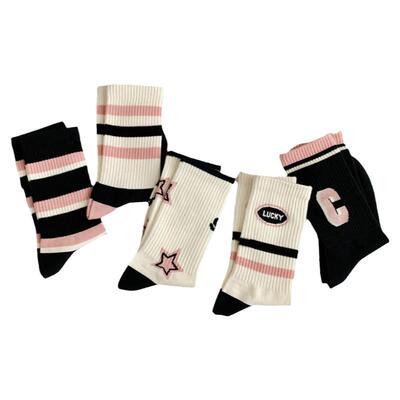 粉色条纹字母中筒袜女ins潮流