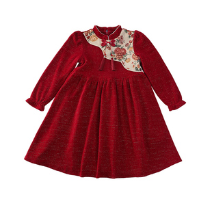女童秋冬款红色拼接提花连衣裙2025冬装中大童韩系新中式裙子年服