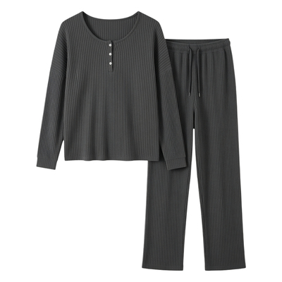 纯色华夫格针织睡衣两件套装女