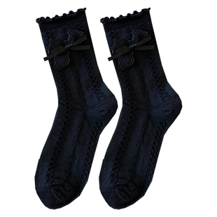 黑色蕾丝花边袜子女春秋新款暗黑日系jk学院风蝴蝶结洛丽塔中筒袜