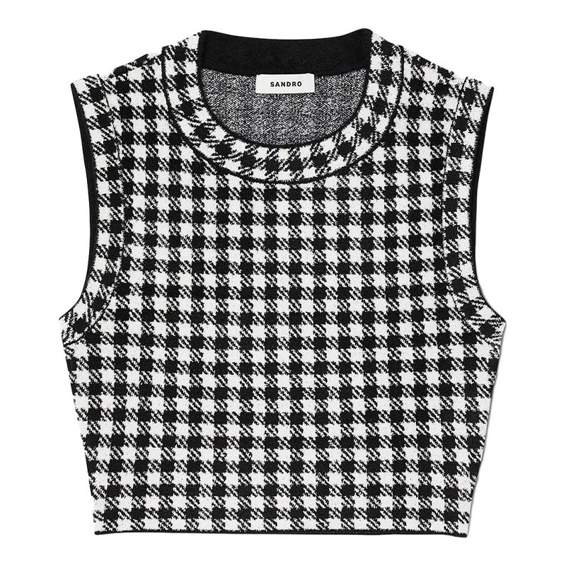 SANDRO Outlets秋冬女装法式时尚气质黑白撞色千鸟格短款针织马甲