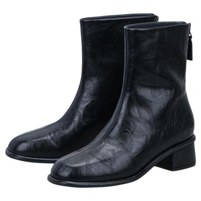 星期六巨舒服复古软皮粗跟中跟短靴女靴子秋冬季新款圆头瘦瘦靴子