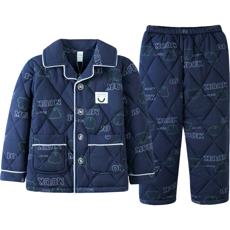 噜噜牛儿童睡衣冬季男童纯棉夹棉家居服套装