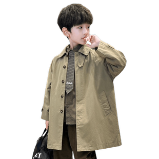 男童中长款风衣外套2026春秋装新款儿童单排扣洋气大衣春季中大童