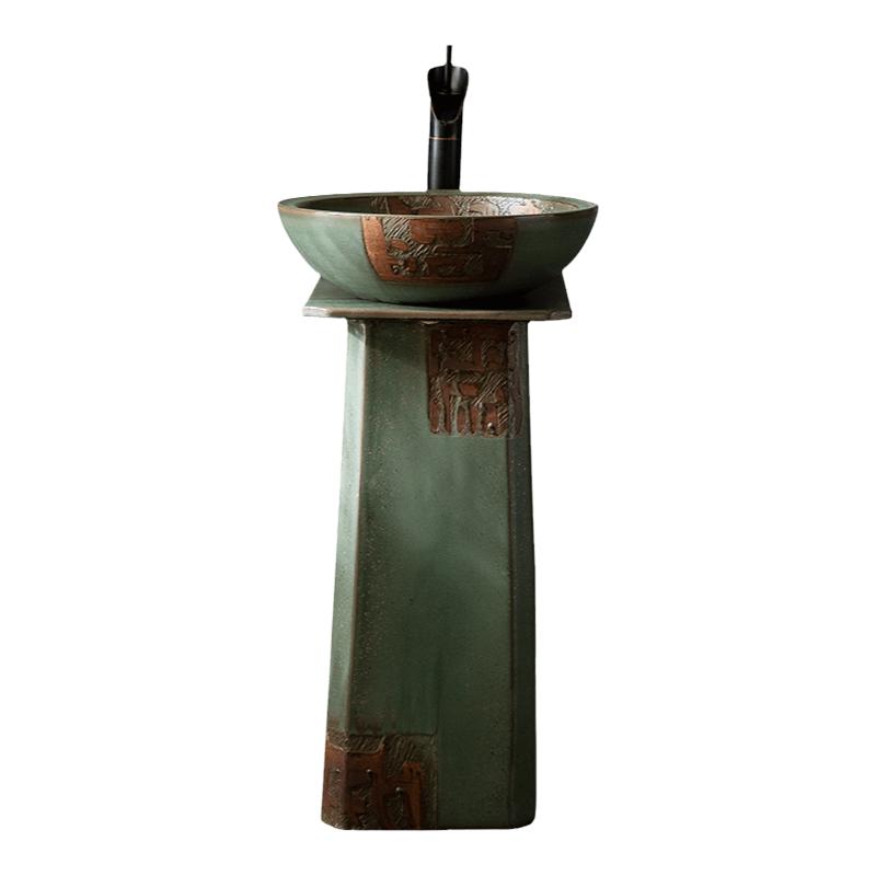 柱盆衛(wèi)生間立柱式洗臉盆家用復(fù)古落地式陽(yáng)臺(tái)室外洗手臺(tái)盆一體庭院