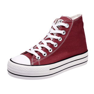 人本高帮帆布鞋女春秋新款透气百搭小白鞋休闲女鞋厚底内增高板鞋