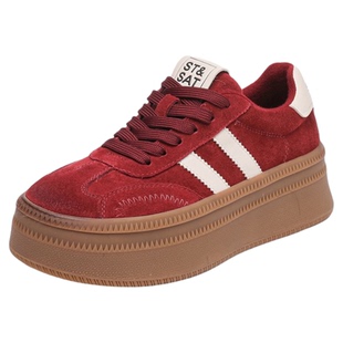 星期六红色德训鞋女小个子厚底高跟运动鞋秋冬女士真皮丑萌平板鞋