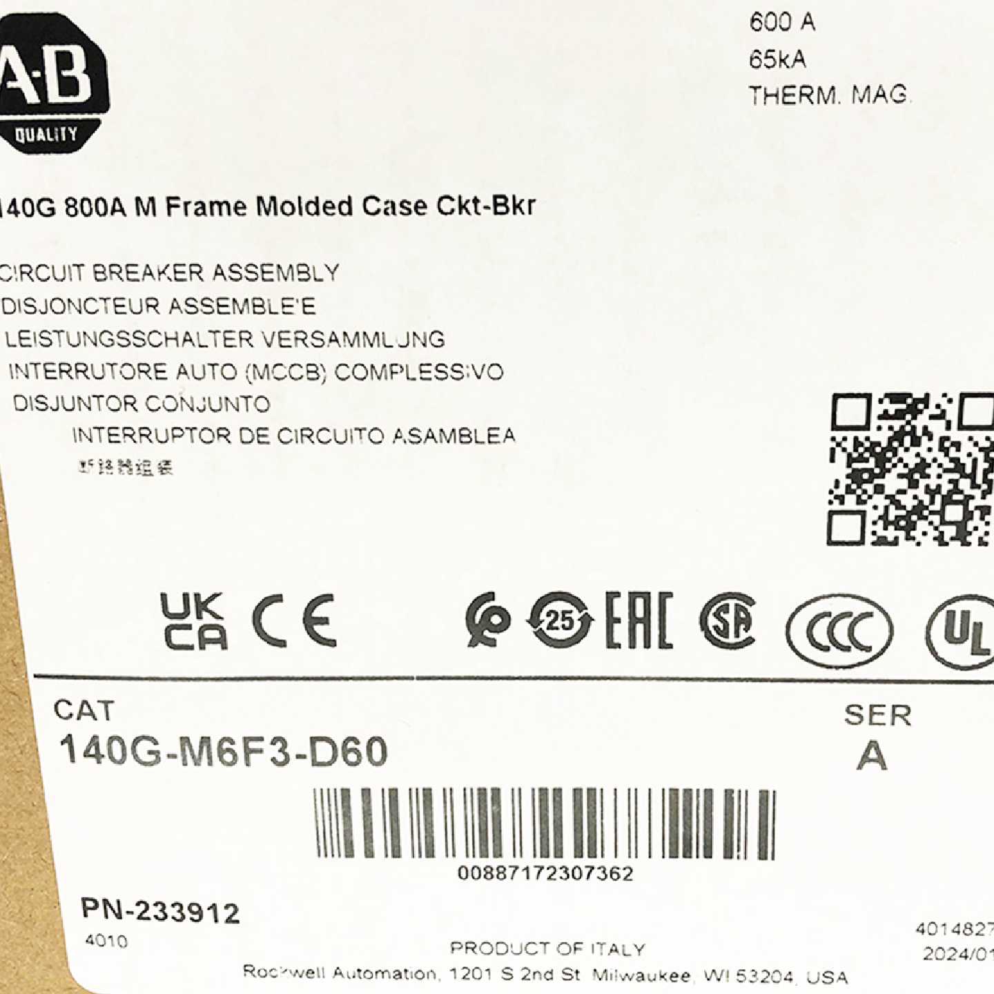 议价140G-M6F3-D60美国罗克韦尔自动化断路器AB全新140GM6F3D60有