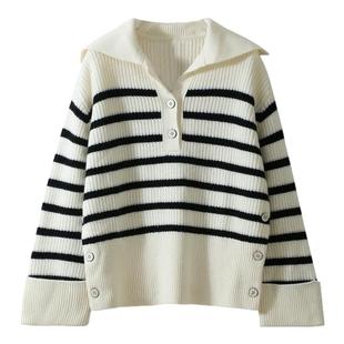 爱你徐若晗沈惜凡同款黑白条纹翻领毛衣女宽松休闲百搭针织衫上衣