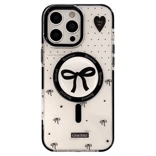 Polka Dot Bowknot Magnetic Holder clear case适用iphone 11 12 13 14 15 16 17 pro max