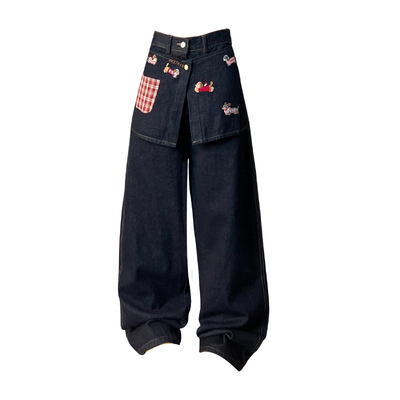 腊肠狗刺绣假两件屁帘牛仔裤女冬