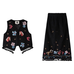 有耳uare原创设计 满天星的夜晚 复古小马花鸟刺绣马甲半身裙套装